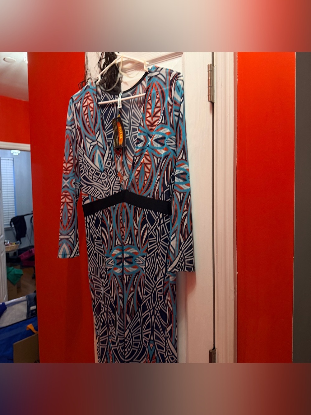 Long Sleeve Geometric Print Dress in Blue and Black